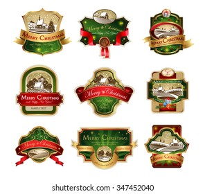 Christmas labels with lovely winter landscape for greeting cards, banners, presentations, decorations. Easy to edit all pieces are separated. 