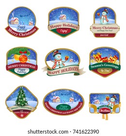 Christmas labels with lovely winter landscapes and ornaments for greeting cards, banners, presentations, decorations. Easy to edit all pieces are separate.