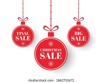 Christmas labels. Red xmas balls with sign sale, special offer. Merry Christmas and New Year sale balls. Holiday price design elements. Winter tag. Red circle banner with bow. Vector illustration