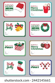 Christmas labels set with Illustration and Quote. Labels with Santa hat, bell, balls, gift, present, Christmas stocking, Christmas candy sticks. Vector illustration