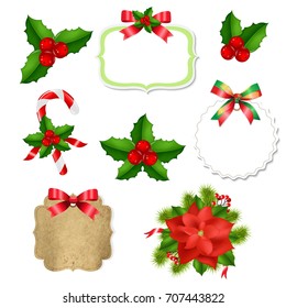 Christmas Labels Set With Red Bow And Holly Berry