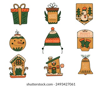 Christmas Labels set, Stickers collection, Stamps and Badges Design Elements - snowman, gingerbread house in retro style. New Year holiday elements isolated on white background. Vector illustration