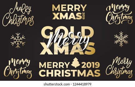 Christmas labels. Set of Xmas lettering typography gold badges.