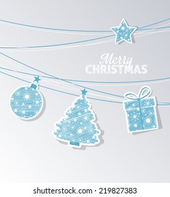 Christmas labels in the shape of a tree, balls and gifts