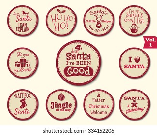 Christmas Labels, Stickers, Stamps and Badge Design Elements with funny signs, quotes for kids. New Year labels and holiday elements collection isolated on white background. Vector illustration