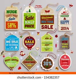 Christmas labels, tags, badges and holiday icons set. Vintage collection for Xmas retro design. Sale tags.