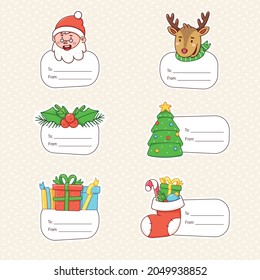 Christmas labels with winter holiday symbols: presents, pine tree, holly branches, festive sock, santa and deer. Gift tags for new year decoration