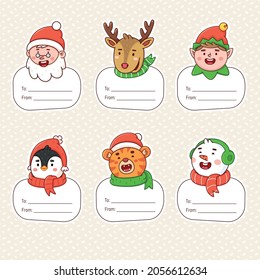 Christmas labels with winter holiday symbols. Heads of fairy-tale characters and animals. Gift tags for new year decoration