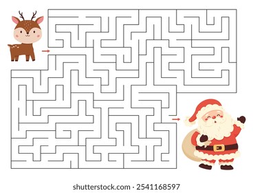 Christmas labyrinth with cute reindeer and Santa Claus. Educational maze puzzle. Activity worksheet with cute characters.