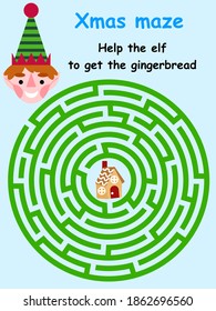 Christmas labyrinth for kids stock vector illustration. Help the elf to get the gingerbread house maze game. Winter activity bok for kids vertical printable worksheet with happy elf. One of a series