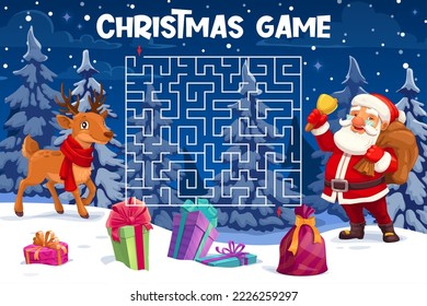 Christmas labyrinth maze, help deer to find Santa quiz game. Vector worksheet of kids puzzle with square labyrinth and winter holiday characters. Cartoon Santa Claus with gift bag and present boxes