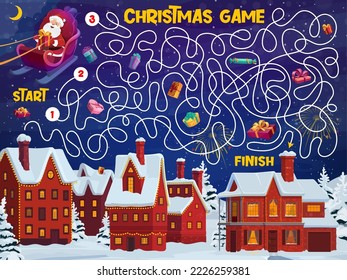 Christmas labyrinth maze, help Santa to deliver gifts, vector kids game worksheet. Santa on sleigh with gifts bag to find way to deliver Christmas gifts to village town, labyrinth maze puzzle quiz