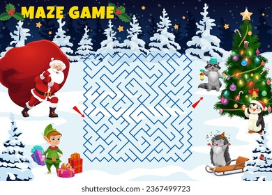 Christmas labyrinth maze help to Santa find a pine holiday tree. Kids vector board game worksheet with funny cartoon Noel with bag, elf, hedgehog or raccoon characters at winter forest children riddle