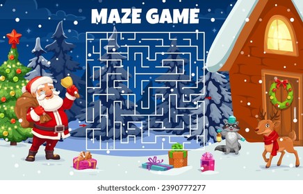 Christmas labyrinth maze. Kids vector worksheet, board game help Santa Claus find correct way to house. Boardgame with cartoon Noel, pine tree, deer and tangled path. Educational children riddle