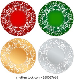 Christmas Lace Doily Place Mats, antique design, holiday palette, Red, Green, Gold and Silver for celebrations, setting table, cake decorating, scrap books, arts, crafts. 