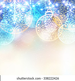 Christmas laced balls with lights bokeh. Vector winter magic background. Ice frosty pattern