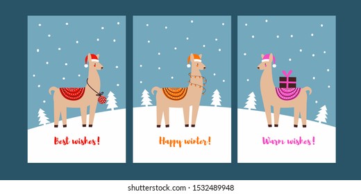 Christmas lama characters. Set of winter season greeting cards with cute llama. Funny alpaca drawing. Colorful cartoon poster. Vector illustration. 