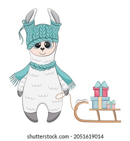 Christmas lama in hat and scarf, vector illustration.