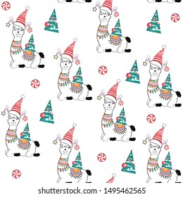 Christmas lama on a white background seamless pattern