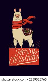 Christmas Lama in scarf flying in the wind. Merry Christmas vintage typography print vector illustration.