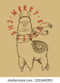 Christmas lama. Lama wearing scarf vintage typography silkscreen t-shirt print vector illustration.