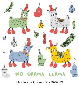 Christmas lamas in boots and hats doodle collection. Perfect for poster, stickers and print. Hand drawn vector illustration for decor and design. 

