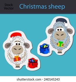 Christmas lamb with a bag of gifts and Santa Claus hat