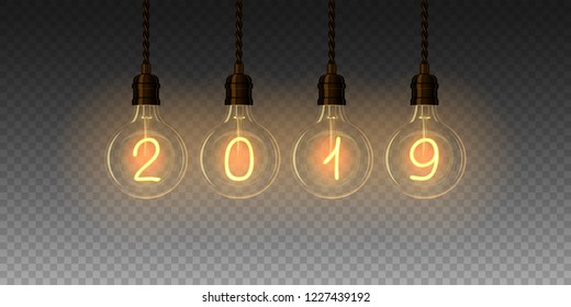 Christmas lamp light bulbs Illuminated new year 2019. Vector