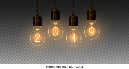 Christmas lamp light bulbs Illuminated new year 2019. Vector
