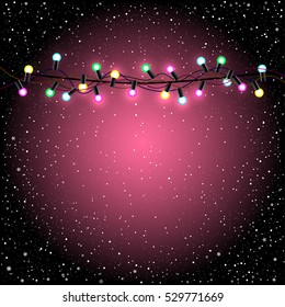Christmas lamp light on dark pink snow background. Multicolor bulb and wire silhouette. Celebration Holiday garland