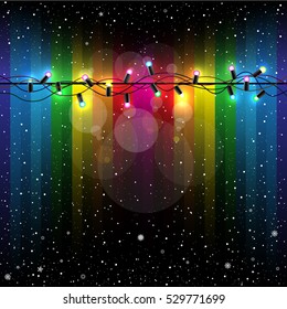 Christmas lamp light on dark rainbow snow background. Multicolor bulb and wire silhouette. Celebration Holiday garland