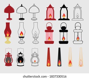 Christmas Lamps of different types, set. Chandeliers, lamps, bulbs, table lamp, flashlight, floor lamp - elements of modern interior. Vector illustration in flat style.