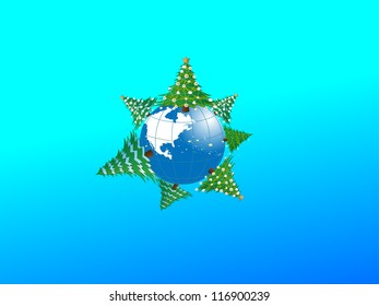 Christmas land. Winter background with the globe and Christmas trees. 10 EPS.