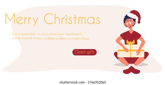 Christmas landing page. Advertising banner for the New Year with a man in a New Year's suit and a hat with a gift in his hands, vector trend illustration in flat style, template for the site