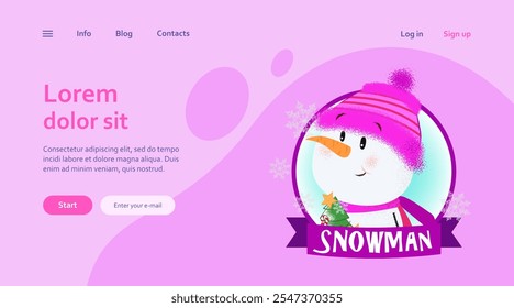 Christmas landing page design with cartoon snowman. Drawing of snowman in bright pink knitted hat on bright purple background. Can be used for postcards, greeting cards, leaflets