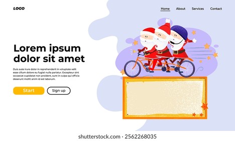 Christmas landing page design. Company of Santa Clauses riding bike for three. Vector illustration can be used for landing page template or banner design