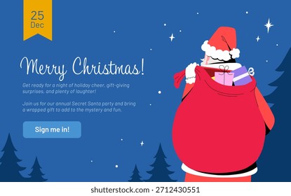 Vector de encabezado de página de destino de Navidades. Ilustración de Santa Claus con un Grande saco de regalo rojo sobre un fondo azul con estrellas y árboles. Anuncio de Web, tarjeta de vacaciones o Plantilla de diseño de invitación