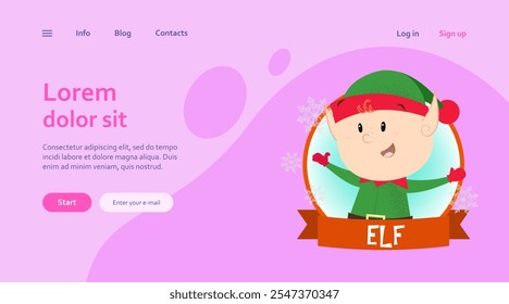 Navidades landing page Plantilla con dibujos animados elfo sonriente. Dibujo de elfo en traje verde en marco redondo rojo sobre fondo púrpura. Se puede utilizar para postales, tarjetas de felicitación, folletos