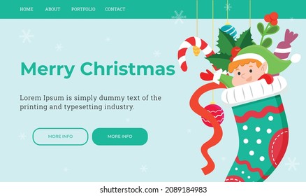 A Christmas landing page template with a cute elf in a Christmas sock. Vector illustration.