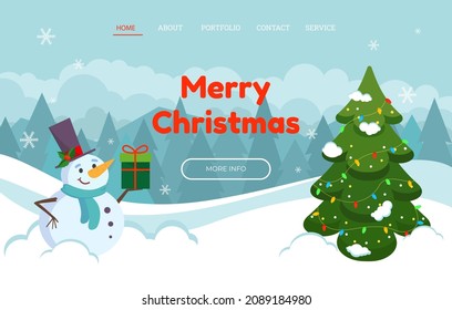 Christmas landing page template with kind snowmen in a hat and a gift. Vector illustration.