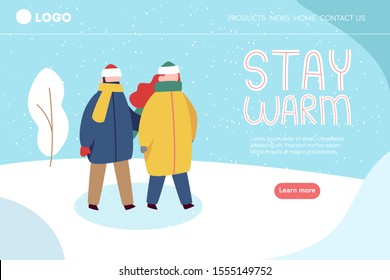 Christmas landing page template with lettering. Modern flat man and woman characters dressed in winter clothes. New Year preparing,  winter holidays concept. Vector seasonal illustration.