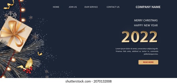 Christmas landing page template. Merry Christmas and Happy New Year 2022 elegant holiday background