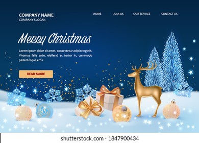 Christmas landing page template. Winter night landscape with golden deer and gifts