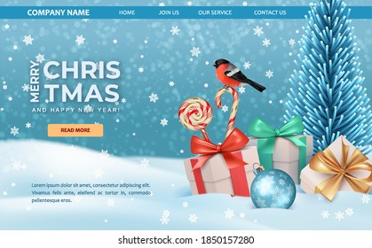 Christmas landing page template. Winter landscape with gifts, a Christmas tree and a bird