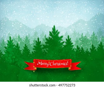 Christmas landscape background with falling snow, green spruce forest silhouette, mountains, and red ribbon banner. 