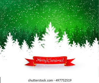 Christmas landscape background with falling snow, white spruce forest silhouette, mountains, and red ribbon banner with garland. 