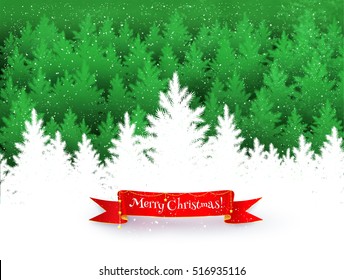 Christmas landscape background with falling snow, spruce forest silhouette and red ribbon banner with garland. 