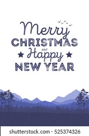 Christmas Landscape Background With Falling Snow, Forest Silhouette, Mountains, And Letters.