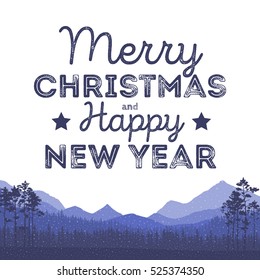 Christmas landscape background with falling snow, forest silhouette, mountains, and letters.