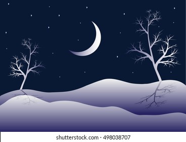 Christmas landscape background with moon, snow hills, stars and trees